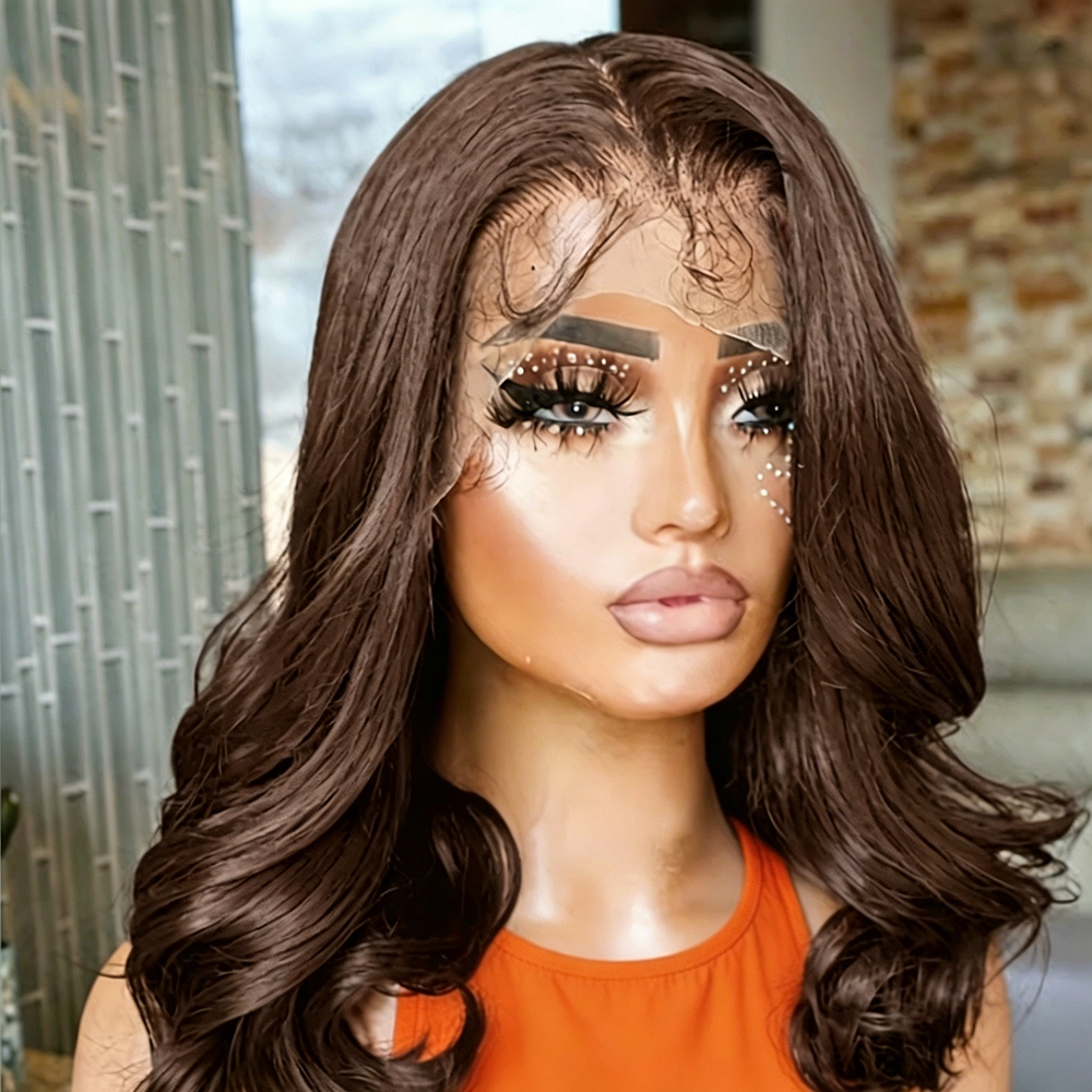 Pelucas cortas de cabello humano con ondas suaves y encaje frontal, 200% densidad, color marrón chocolate, encaje frontal HD transparente 13x4 para mujeres, 8 pulgadas, sin pegamento, teñidas. # Peluca de Cabello Remy Brasileño sin Pegamento con Línea de 