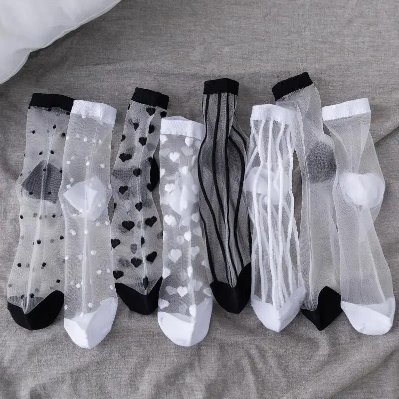 Calcetines sexis de encaje para mujer, calcetines cortos de rejilla de malla transparente ultrafinos de verano, calcetines informales transpirables en blanco y negro Harajuku