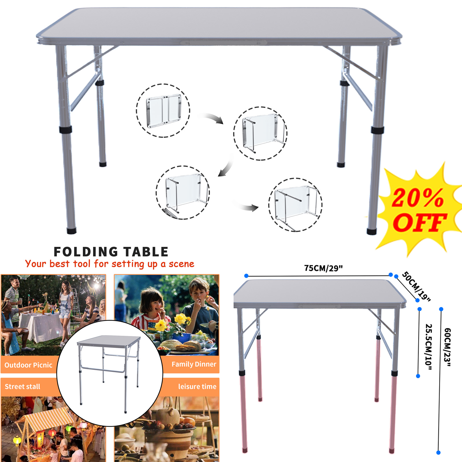 Tavolo pieghevole Tavolo resistente da campeggio per picnic, sala da pranzo, giardino, tavolo da campeggio pieghevole portatile, tavolo ad altezza regolabile da 2,5 piedi