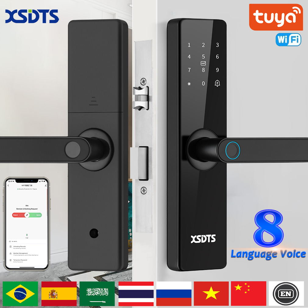 Cerradura de puerta inteligente electrónica Tuya Wifi con huella dactilar biométrica/tarjeta inteligente/contraseña/desbloqueo de llave/carga de emergencia USB
