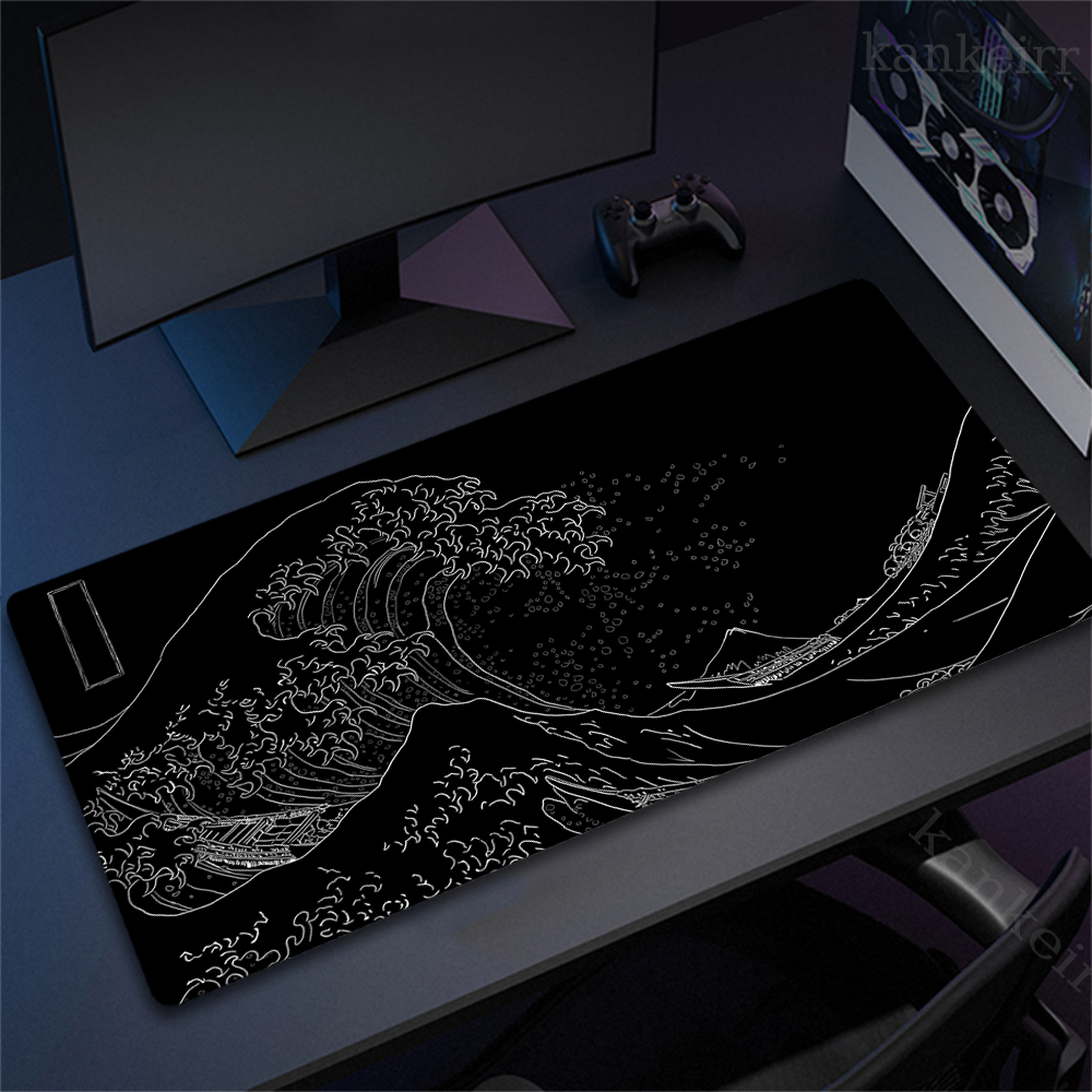 Tapis de souris en caoutchouc, accessoire de bureau, grande vague, noir, art japonais, 900x400