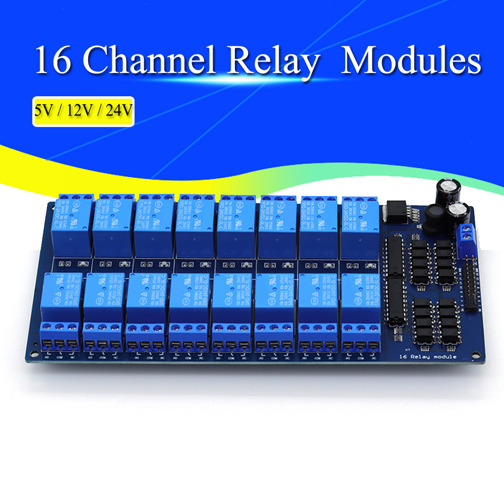 Módulo de proteção de relé de 16 canais DC 5V 12V 24V com optoacoplador LM2576 Microcontroladores Interface Relé de potência para Arduino Kit DIY