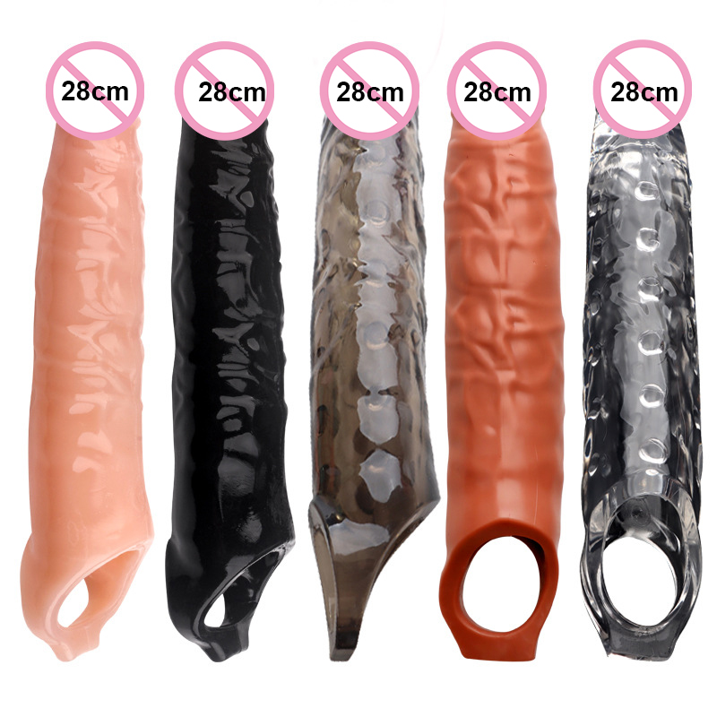 Man Nuo 28CM Ogromne prezerwatywy do powiększania penisa Realistyczne przedłużacze penisa Rękaw wielokrotnego użytku Prezerwatywa Pierścień na kutasa Sex Toys Dla Mężczyzn