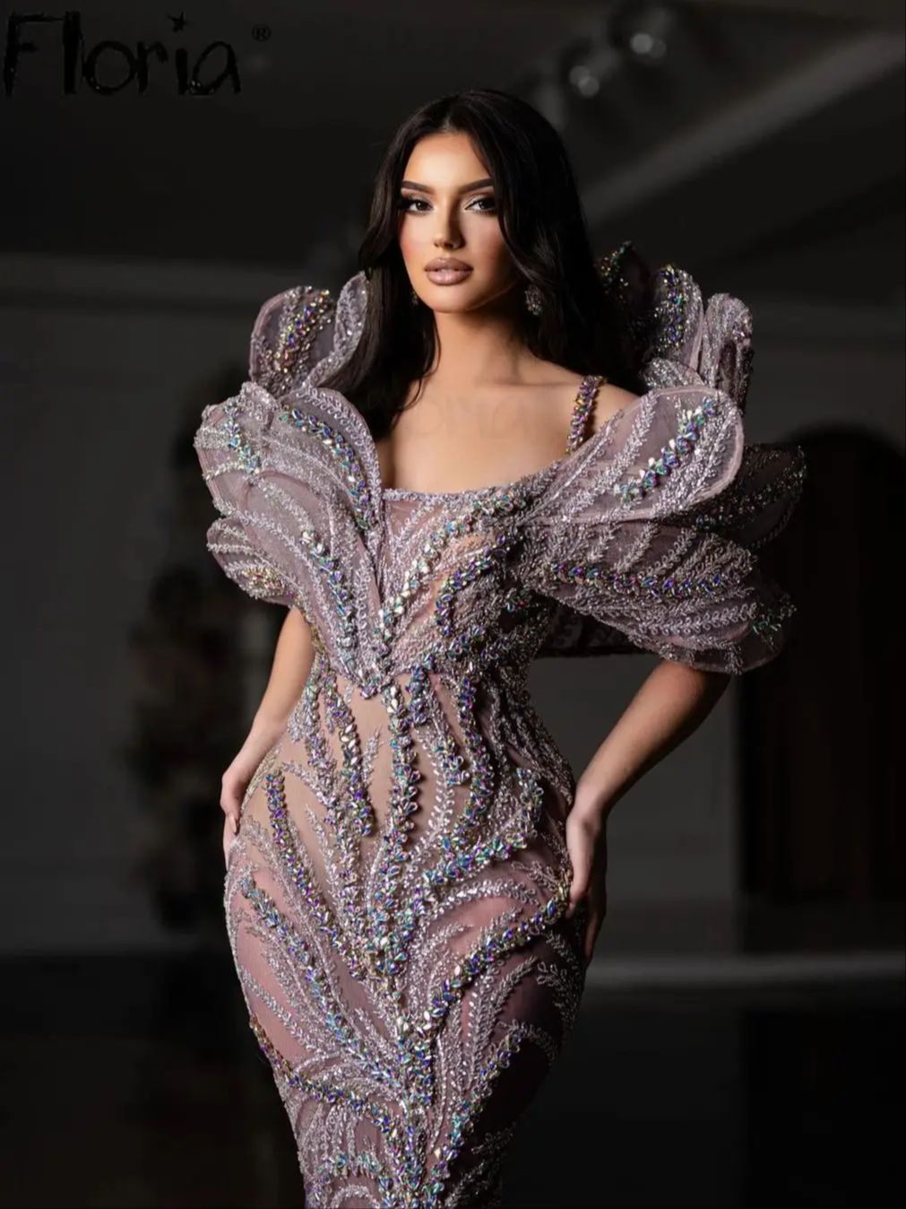 Floria Sparkle Розовый Фиолетовый Иллюзионное Вечернее Платье Дизайн Листьев Длинные Русалка Вечерние Платья Для Выпускного Вечера Гала Театрализованное Платье На Заказ