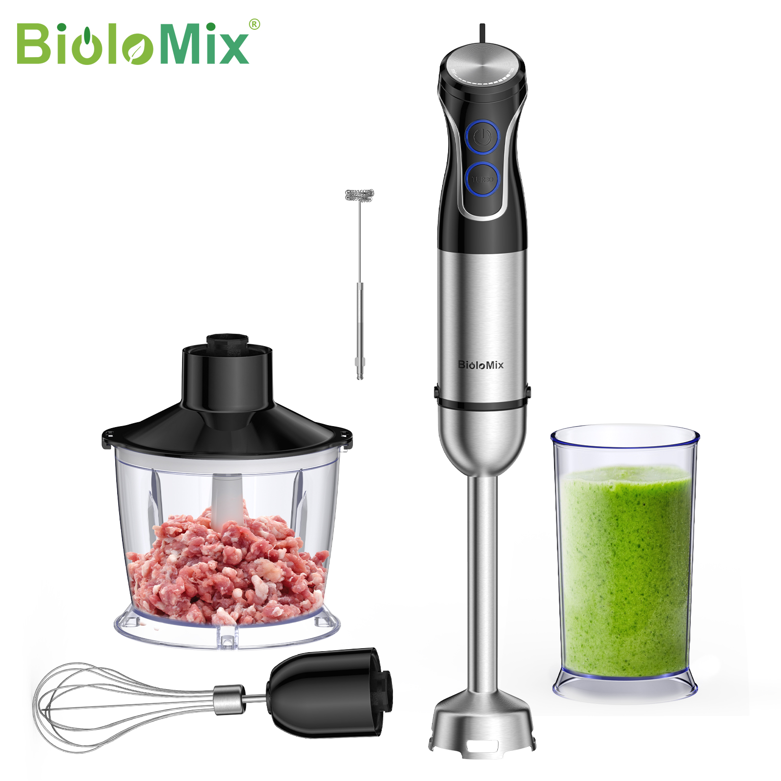 Biolomix 5 in 1 Stab mixer, 1500W Mixer mit Edelstahl klinge, Küchenmaschine, Smoothies Püree Babynahrung