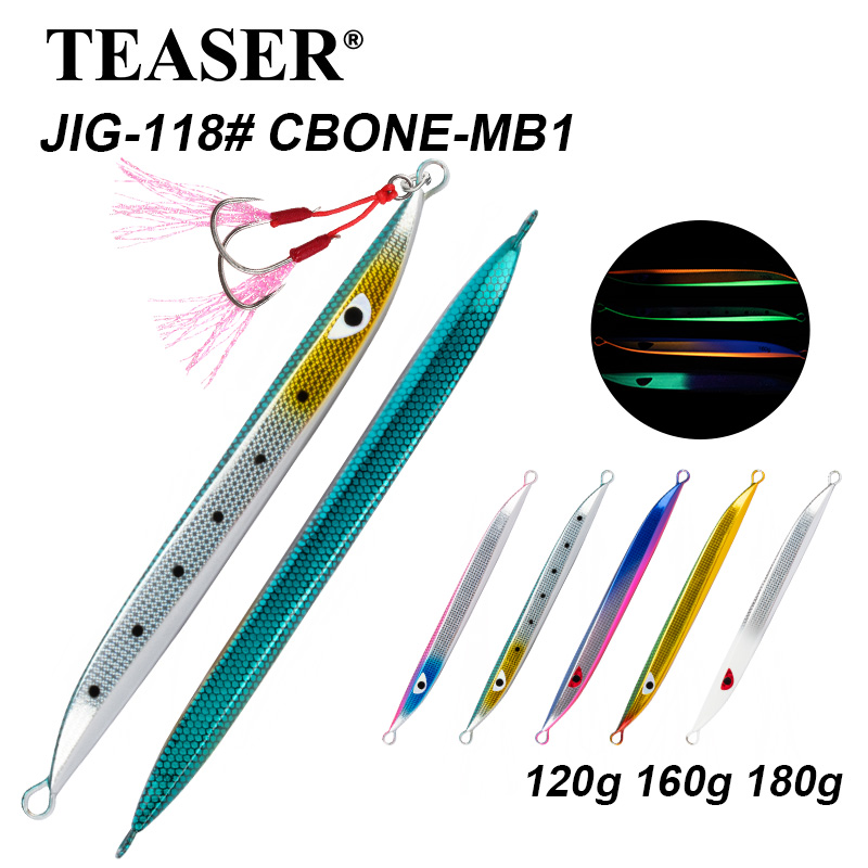 TEASER J118 120g 160g 180g CBONE-MB1 Leurre de pêche métallique pour jigging, jig métallique lumineux pour eau salée, jigbait à coulée rapide