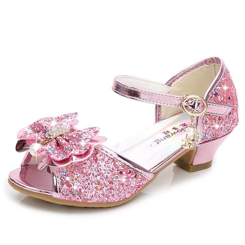 Sandalias de princesa para niños, zapatos de boda para niñas, zapatos de vestir de tacón alto, pajarita, zapatos morados, rosas, azules y plateados para niñas