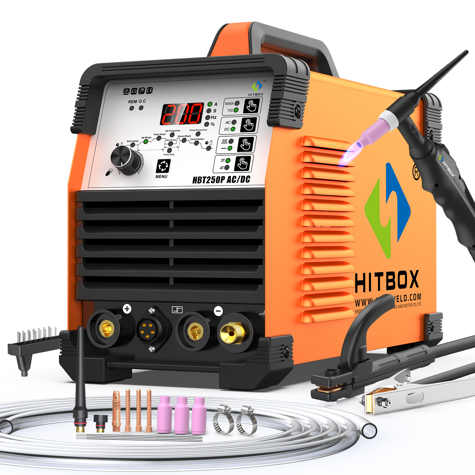Mesin Las Inverter IGBT HITBOX 2T/4T 6in1 HBT250P AC/DC 200A TIG Otomatis Semi-otomatis Teknologi MCU 220V 200A