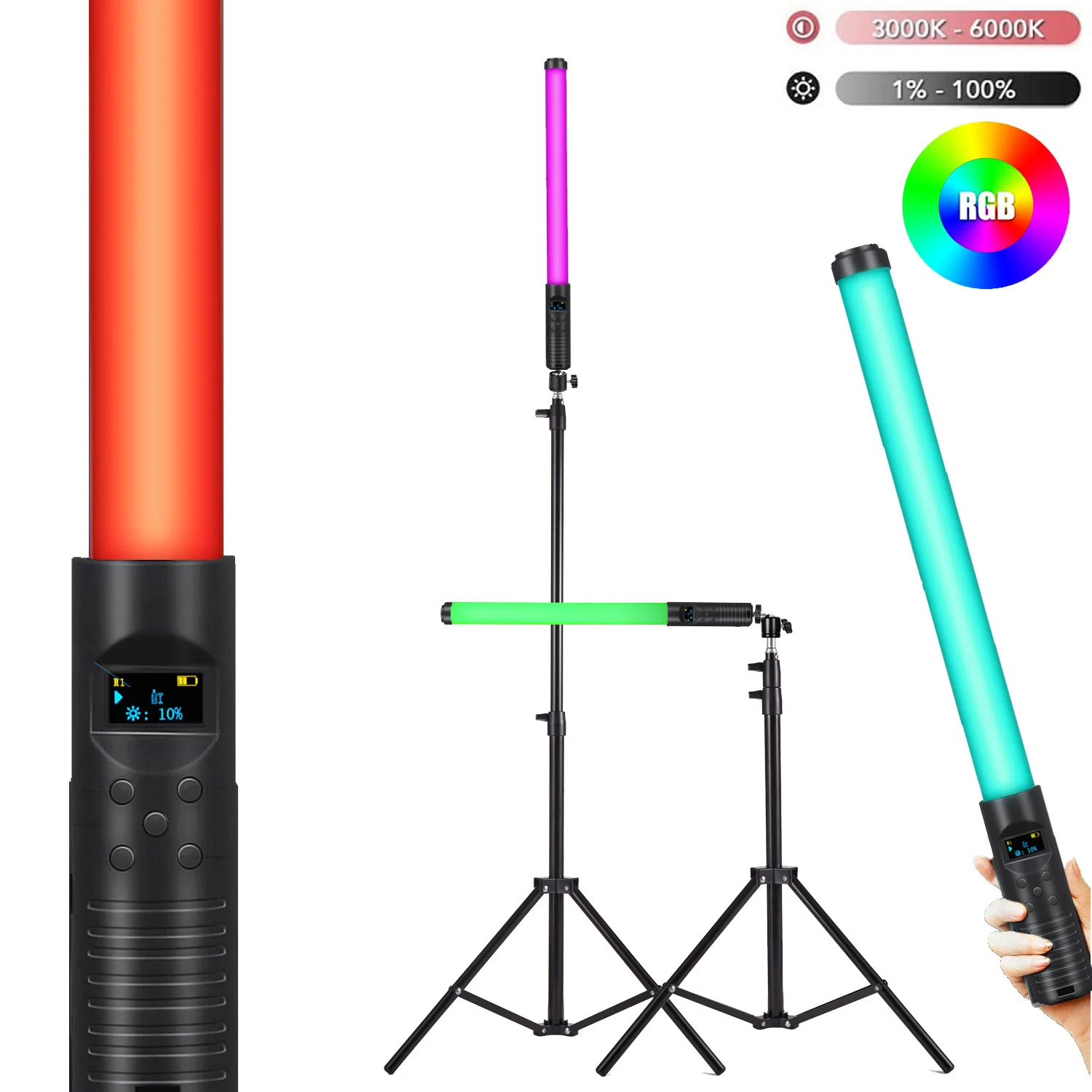 50 ซม.20 "RGB มือถือ LED Video Light Wand Stick การถ่ายภาพในตัวแบตเตอรี่ชาร์จ 79" ขาตั้งกล้องรีโมทคอนโทรล