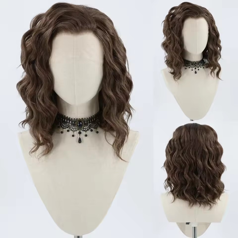 Peluca con malla frontal para mujer, pelo sintético marrón ondulado profundo, Bob corto sin pegamento, 13x4, fibra de temperatura de calor prearrancada, Cosplay diario