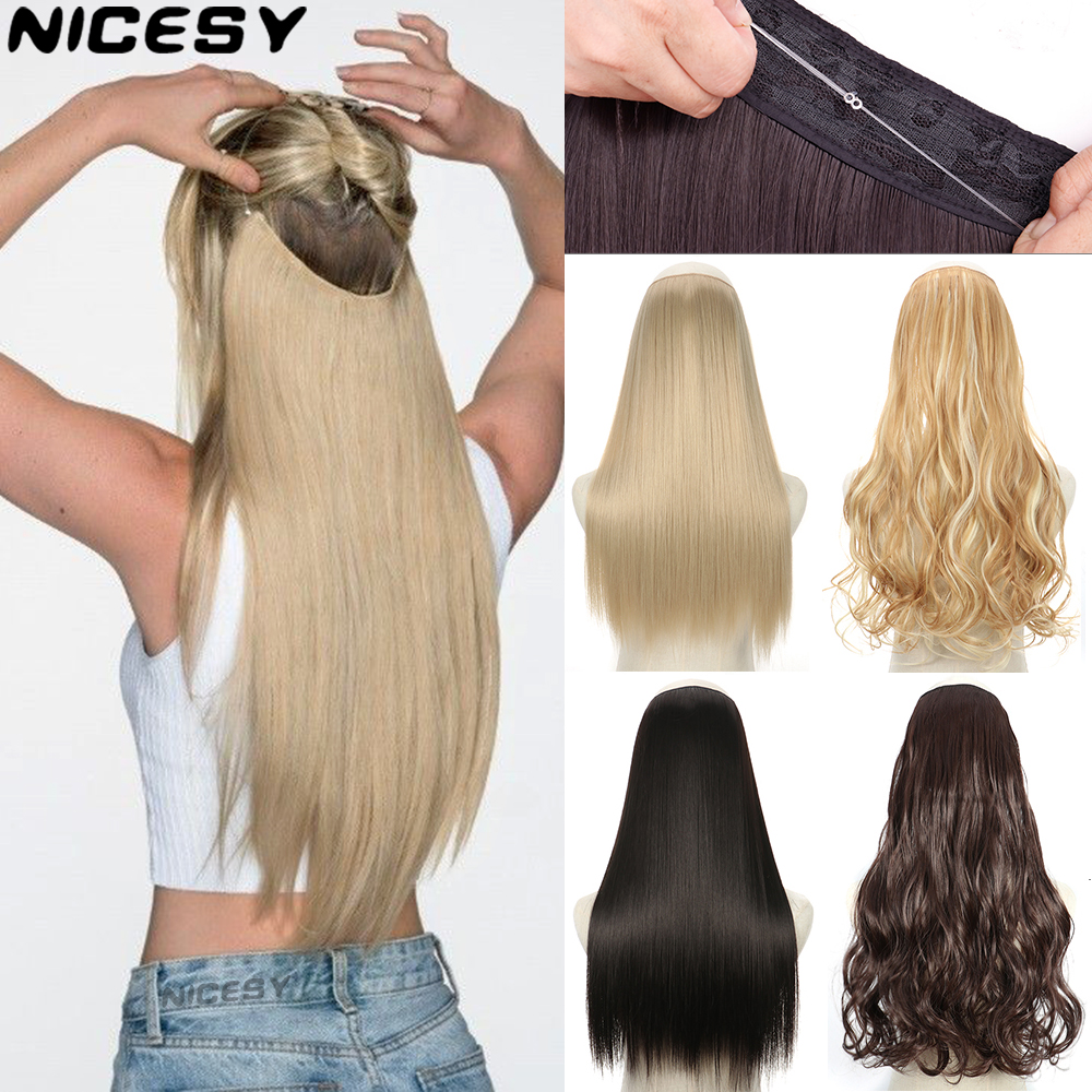 ไม่มีคลิปต่อผมธรรมชาติสังเคราะห์ประดิษฐ์ยาวตรง Hairpiece สีบลอนด์สีดําผสมสีผมปลอมชิ้นสําหรับผู้หญิง