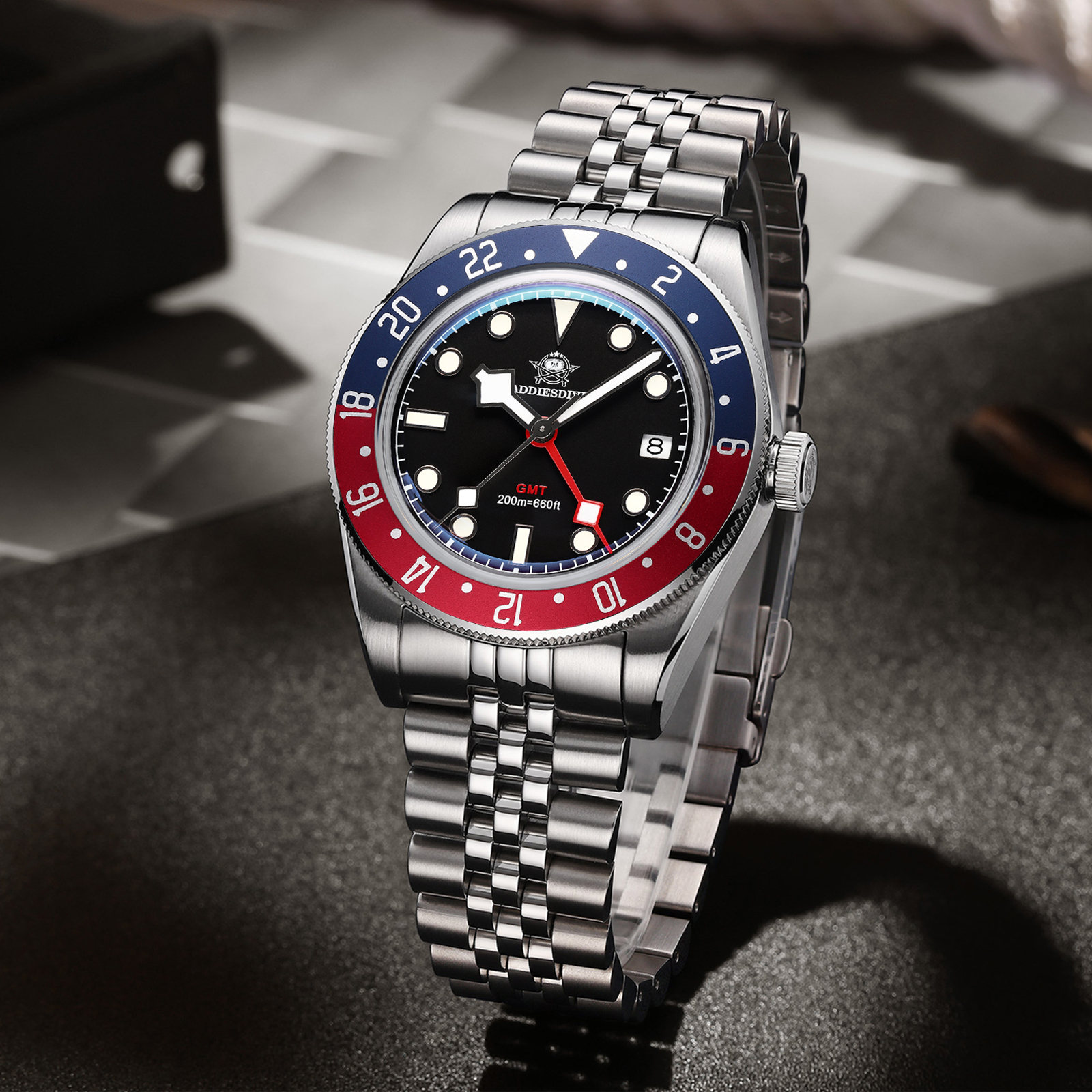 ADDIESDIVE luksusowy GMT515-24H męski zegarek dla nurka 200m bańka lustro szkło BGW9 Super Luminous męskie zegarki analogowe ze stali nierdzewnej
