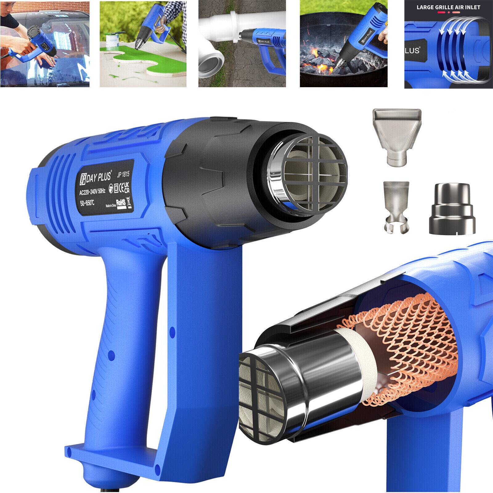 DayPlus Décapeur thermique, 2000W Pistolet air chaud température variable 60°C - 600°C, avec 2 vitesses d'air 4 buses, Chauffage rapide, pour dégommer les peintures, rétracter le PVC, pour les débutants DIY