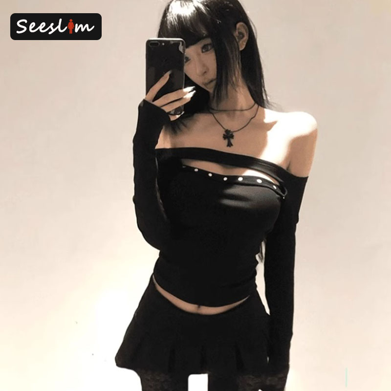 Seeslim Rivet Hollow Out Women's T-shirt Long Sleeve Black 2000s Clothes Y2k Slim Autumn Tops Off Shoulder Tees Female Clothing