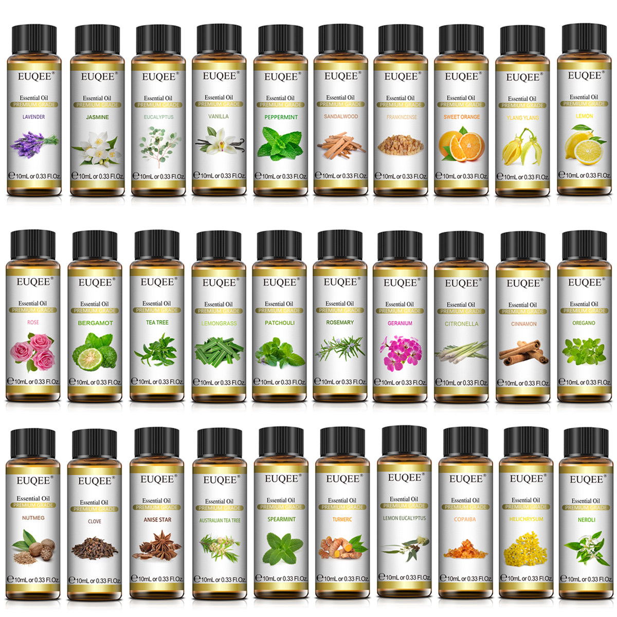 Euqee 10ml óleo essencial natural puro lavanda jasmim eucalipto baunilha sândalo doce laranja limão oregano neroli fragrância