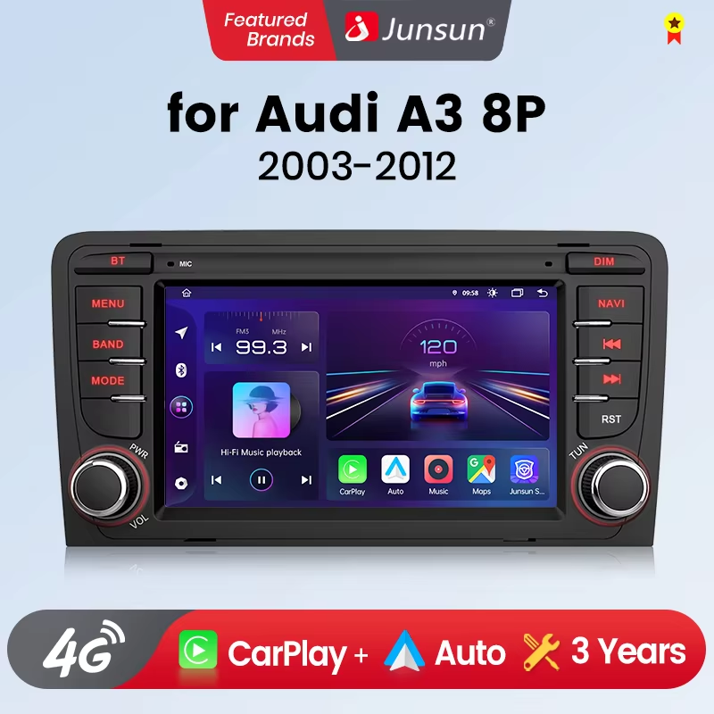 Junsun 7" Wireless CarPlay for Apple Android Auto Car Radio for Audi A3 8P S3 RS3 2003-2012 GPS Navigation SWC Bluetooth FM RDS DSP IPS TouchScreen Car Intelligent Systems AI Voice 4G WiFi 8 Core Plug&Play Head Unit