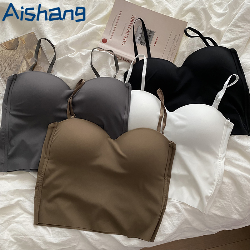 Aishang – Nouvelle Camisole sans Bretelles en Soie Glacée Ultra-Fine pour Femme, Style Français, avec Bonnets Intégrés, à Porter Seule ou en Superposition, Effet Sculptant