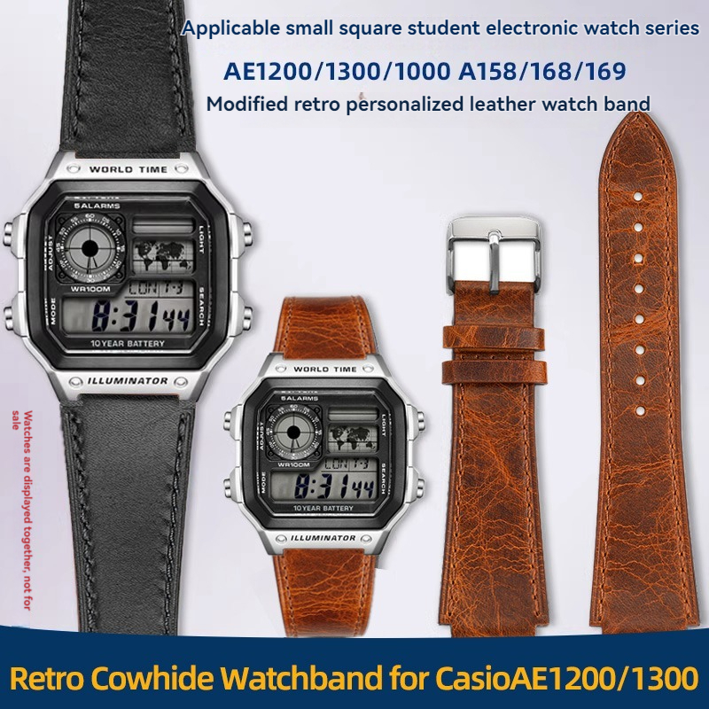 Bracelet de montre rétro en cuir de vache, 18MM, pour G-Shock Casio A158 A158W/A168/f91w/AE-1200/A159/A169 AE1300, bracelet Vintage à dégagement rapide