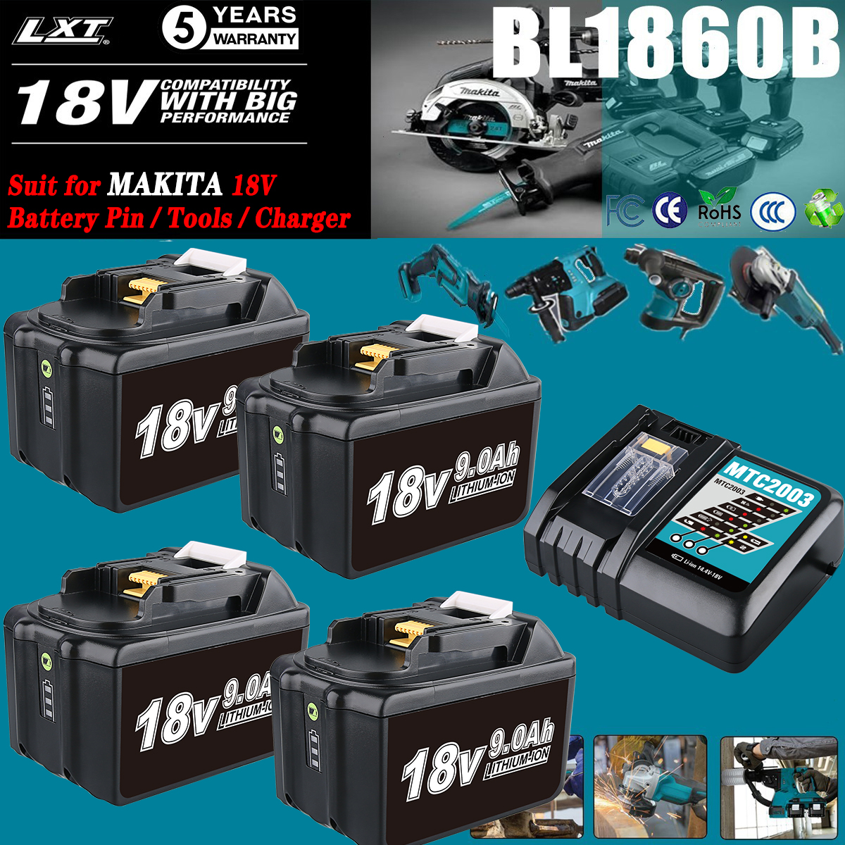 1/2/4 Stück 9,0 Ah BL1890B Li-on Ersatz für Makita 18 V BL1815 BL1830 BL1860 BL1850 Akku-Pin und DC18RC 3A Ladegerät Combo Kit