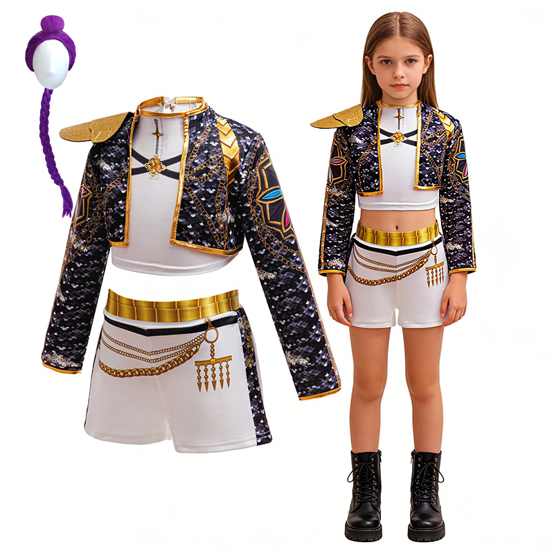 Girls Black Gold Sequin Cosplay Costume Set Jacket Shorts For Halloween Birthday Party Role Play