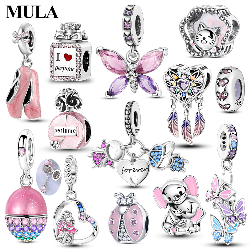 MULA Pink 925 Sterling Silver Charms Pendant Perfume Dreamcatcher Heart Love Beaded Fit Original Bracelet Women DIY Jewelry Gift