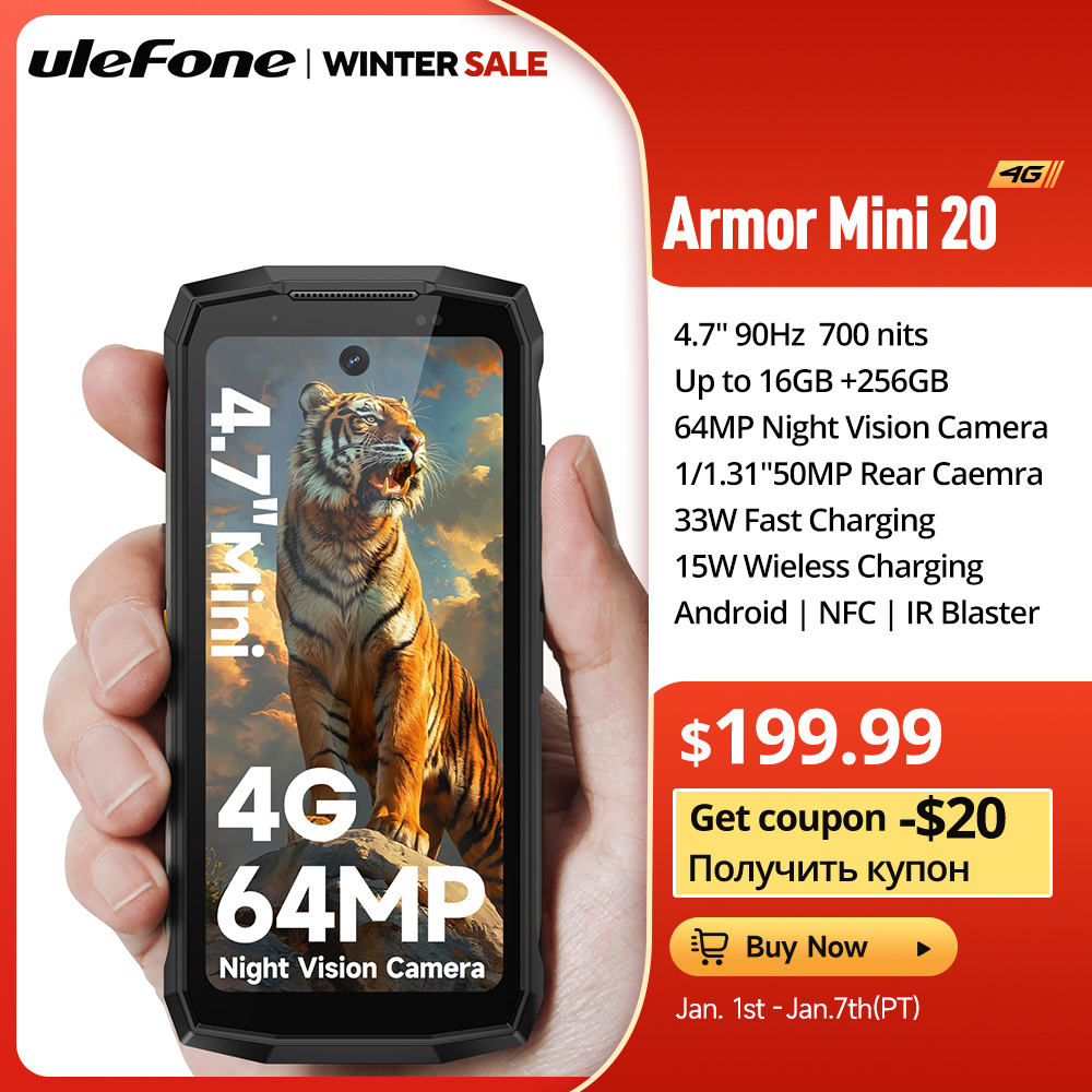 Ulefone Armor mini 20 4G Teléfono robusto con pantalla de 4,7" Cámara nocturna de 64 MP Luz LED versátil Android 14 Smartphone 6200 mAh 16 GB de RAM (8 + 8) 256 GB de ROM 33 W