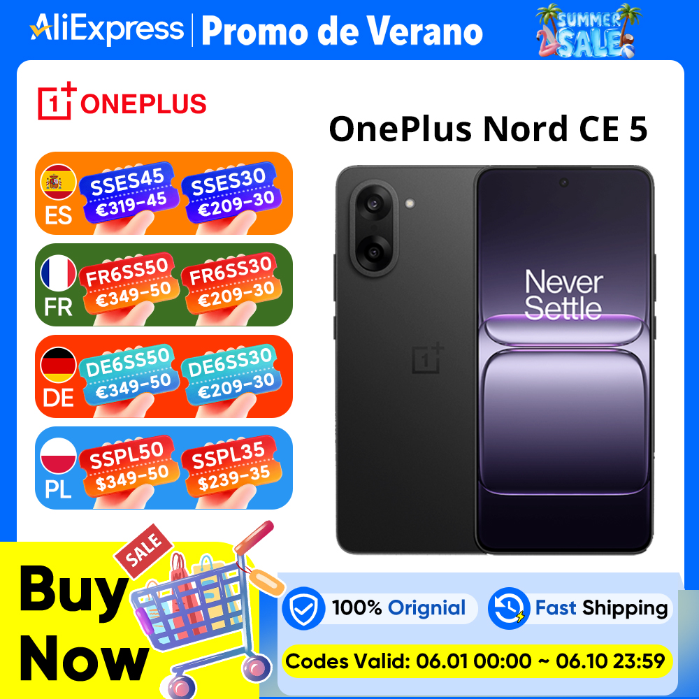 Smartphone OnePlus Nord CE 5 5G versão global, 8 GB + 256 GB, bateria de 7100 mAh, carregamento de 80 W, câmara de 50 MP com EIS + OIS, Android 15, Wi-Fi 6