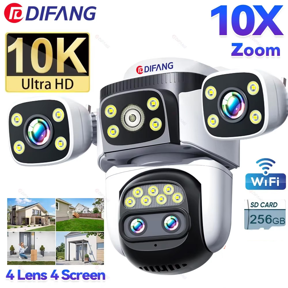 Kamera Wi-Fi 10K Bezprzewodowa kamera zewnętrzna 20 MP, zoom 10X, cztery ekrany, cztery obiektywy 720 °   Automatyczne śledzenie PTZ Wodoodporna kamera bezpieczeństwa CCTV