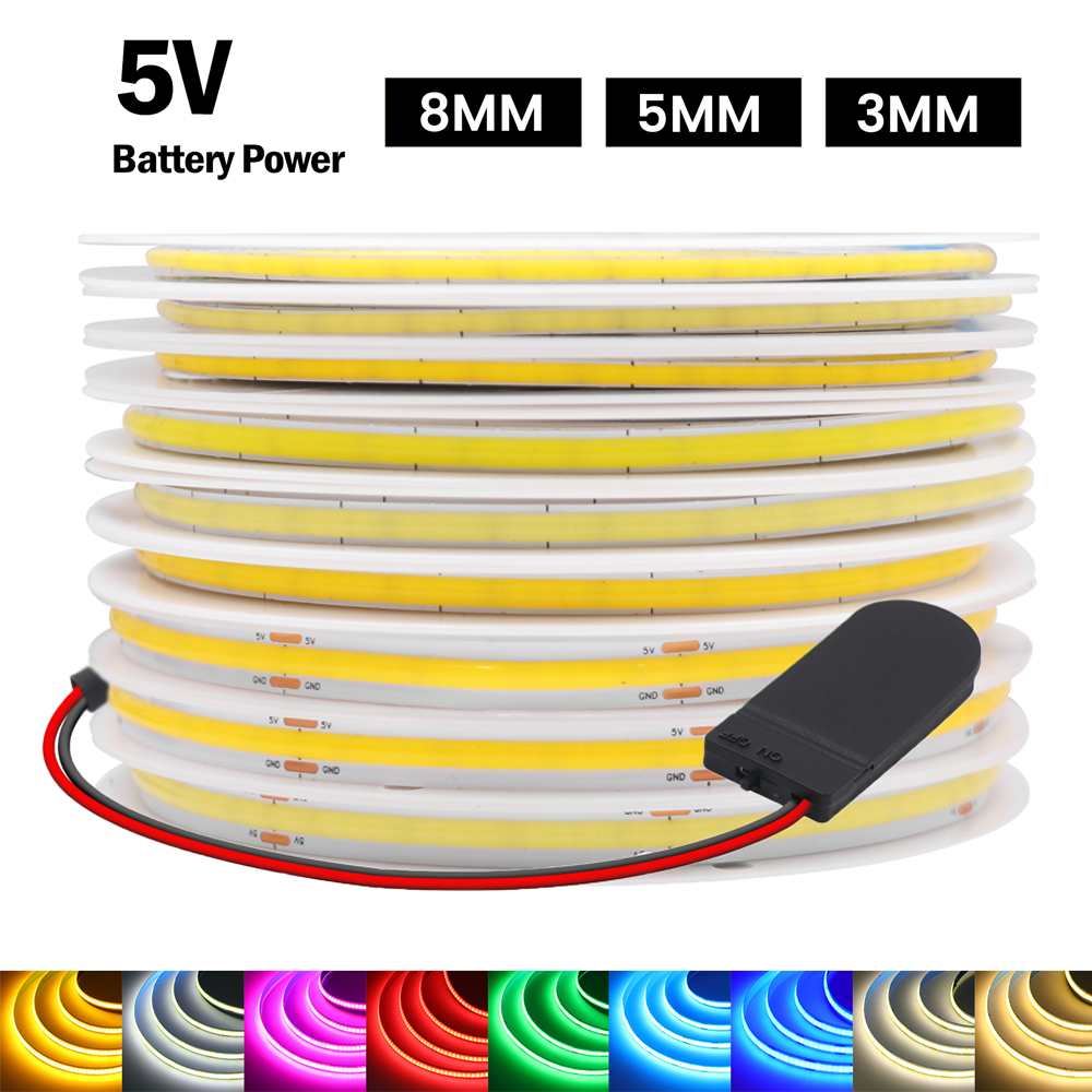 Tira de luces LED COB alimentada por batería, 5V, 320LEDs/M, cinta de diodo Flexible, 3MM, 5MM, 8MM, cinta lineal, iluminación interior, retroiluminación de lámpara