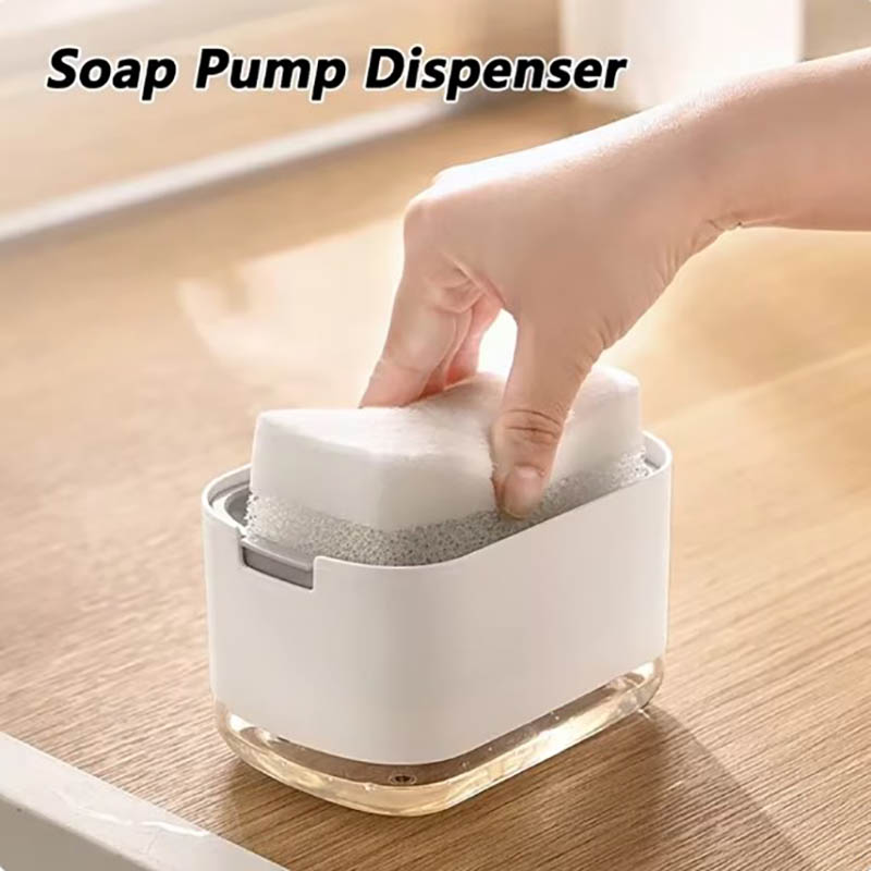 Soap Dispenser Box Press Dispenser Scrubbing Liquid Container Kitchen Bathroom Automatic Detergent Foam Box with Sponge Holder