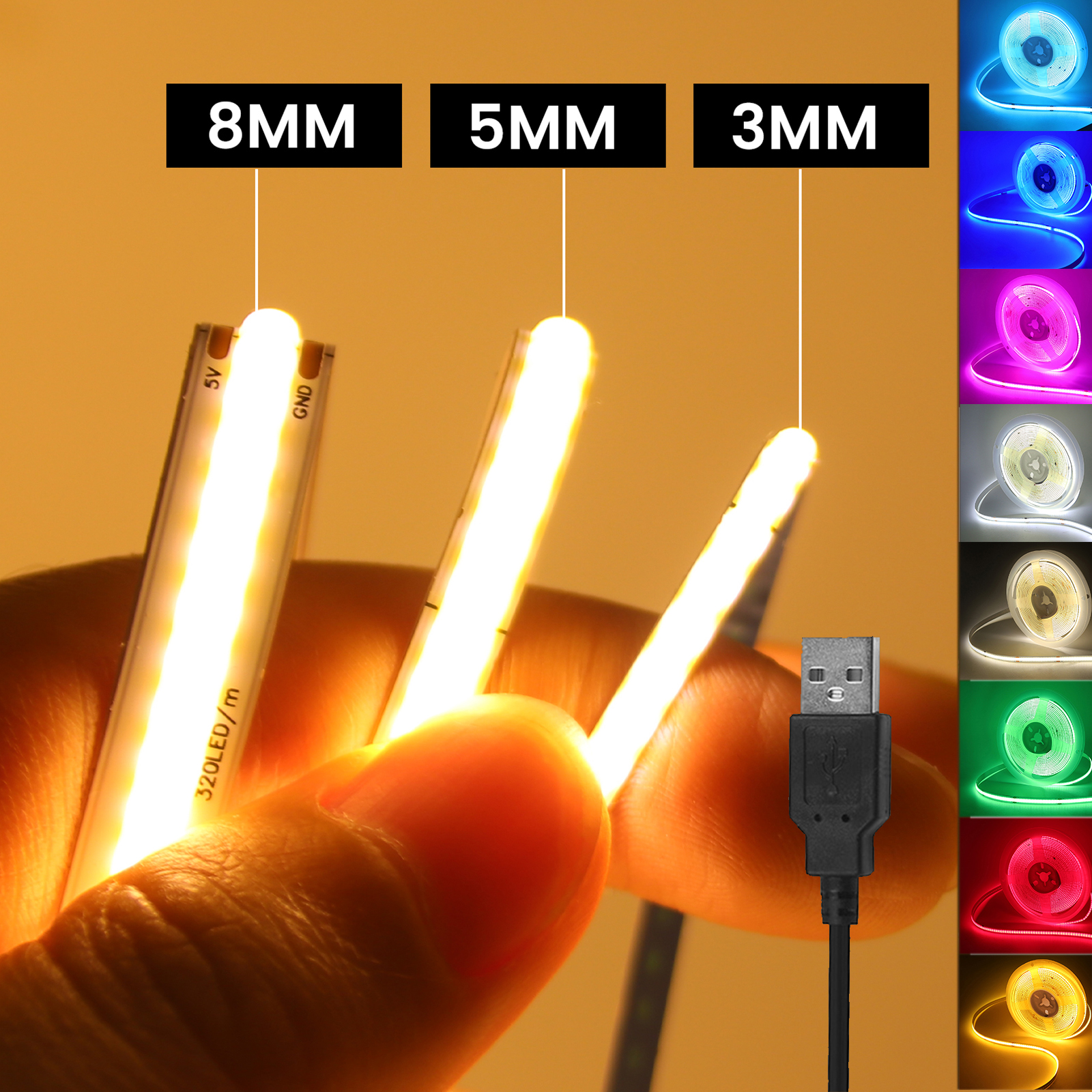 Tira COB USB de 5V CC, 3MM, 5MM, 8MM, blanco/rosa/rojo/blanco/amarillo/azul hielo/verde, cinta Flexible, decoración del hogar, retroiluminación de TV