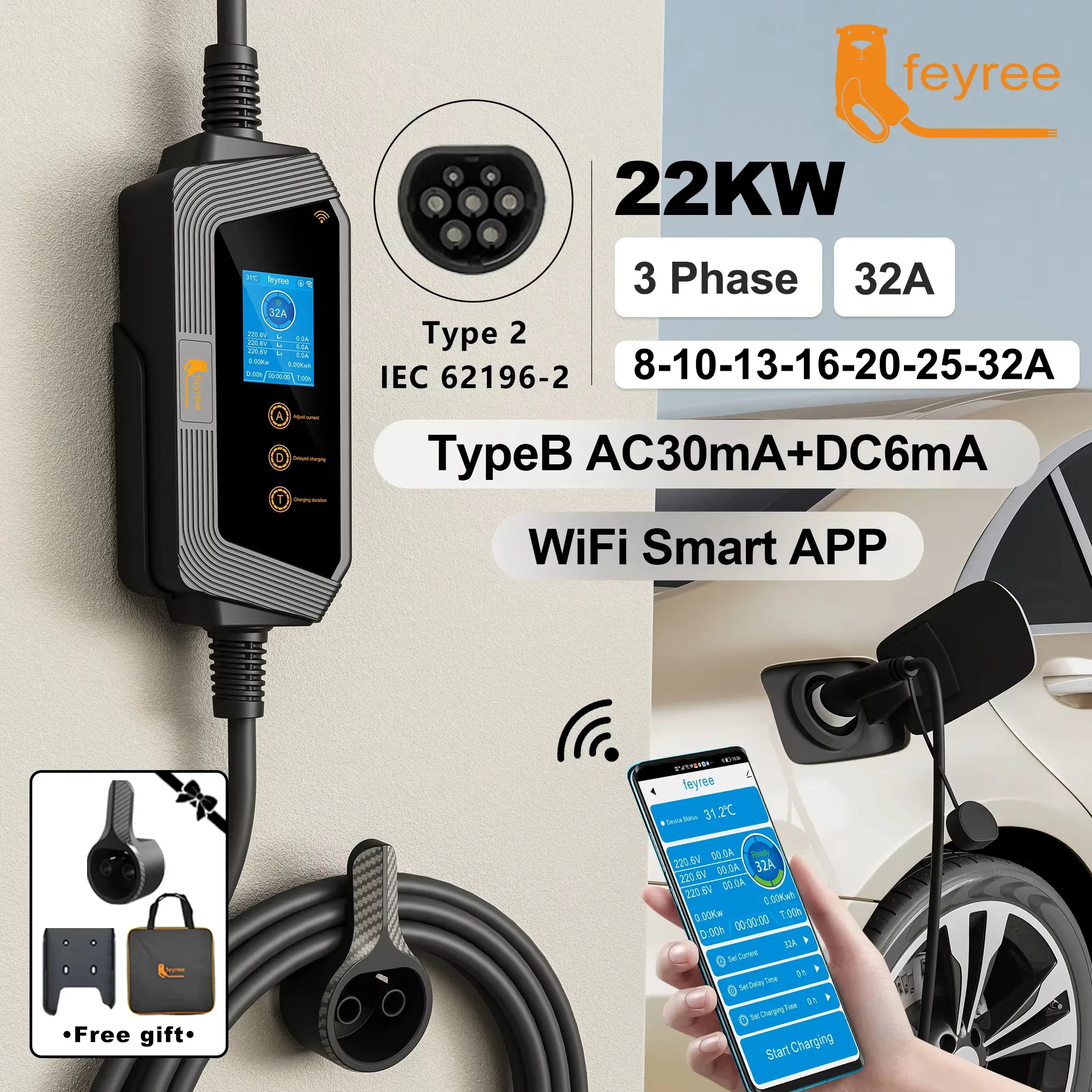 feyree 22KW 32A 3 相 Type2 EV 充電器 Wi-Fi APP 制御 EVSE ポータブル充電ボックス充電ステーション電気自動車充電器用