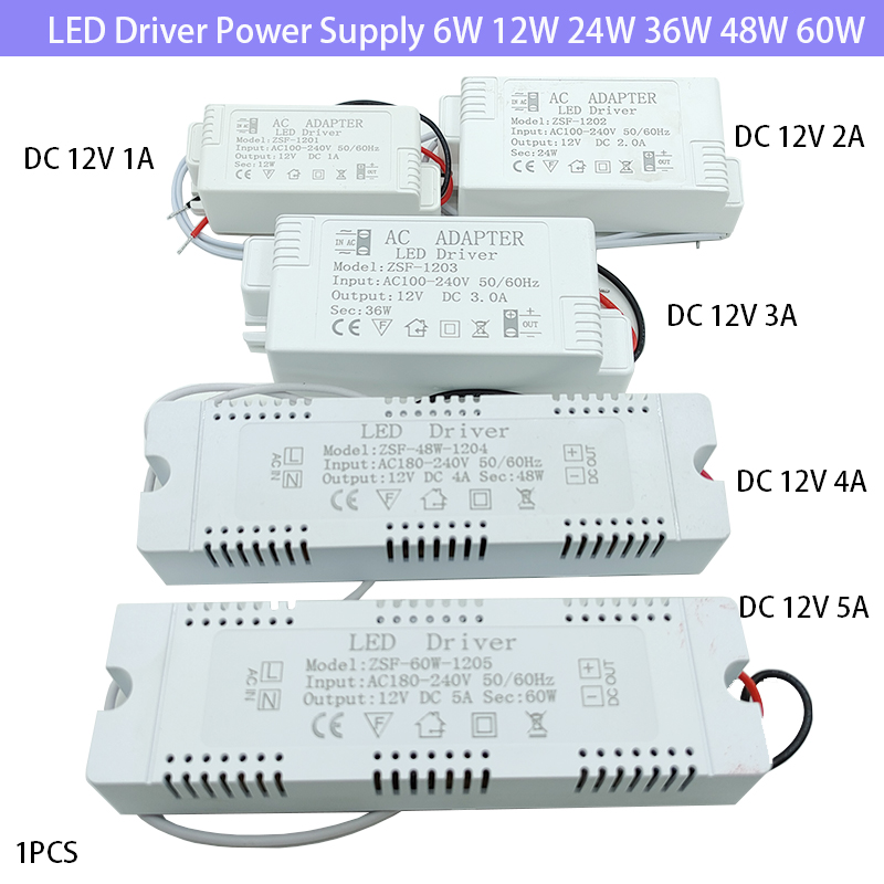 Fuente de alimentación del controlador LED 6W 12W 24W 36W 48W 60W AC220 12V 1A -5A transformadores de iluminación de Control de fuente de alimentación para tira de luz LED
