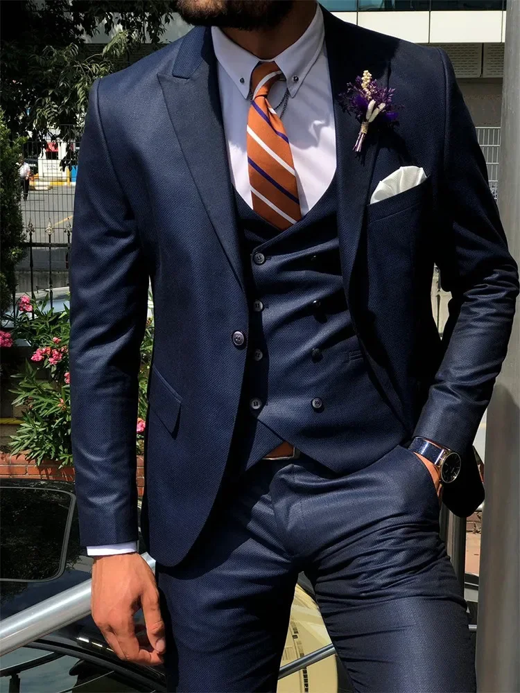 Dunkelblauer 3-teiliger schlanker Herren-Modeanzug, individuelle Bräutigam, Hochzeit, Smoking, Abschlussball, Hochzeit, maßgeschneiderter Herrenanzug, Kostüm Homme Mariage