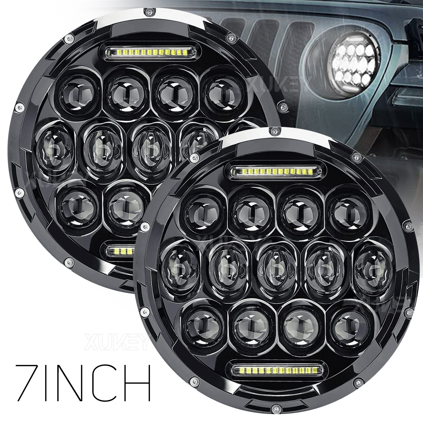 7 นิ้ว LED ไฟหน้าโปรเจคเตอร์ Hi/Lo DRL โคมไฟสําหรับ Wrangler JK TJ LJ CJ รถจักรยานยนต์