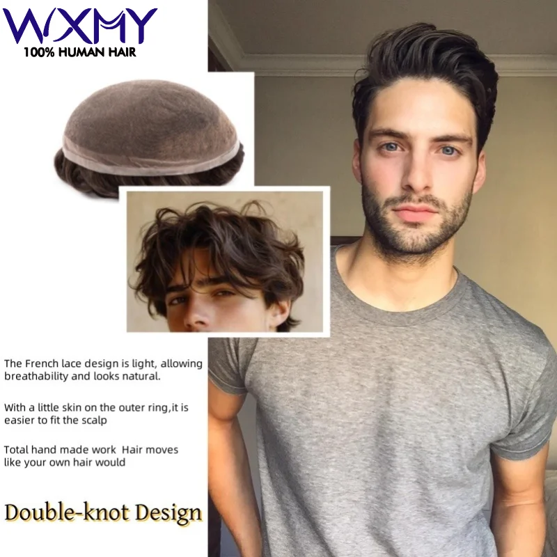 Perruque de cheveux humains toupet respirante pour hommes, Base complète en dentelle blonde, systèmes de perruque Capilar Hombre