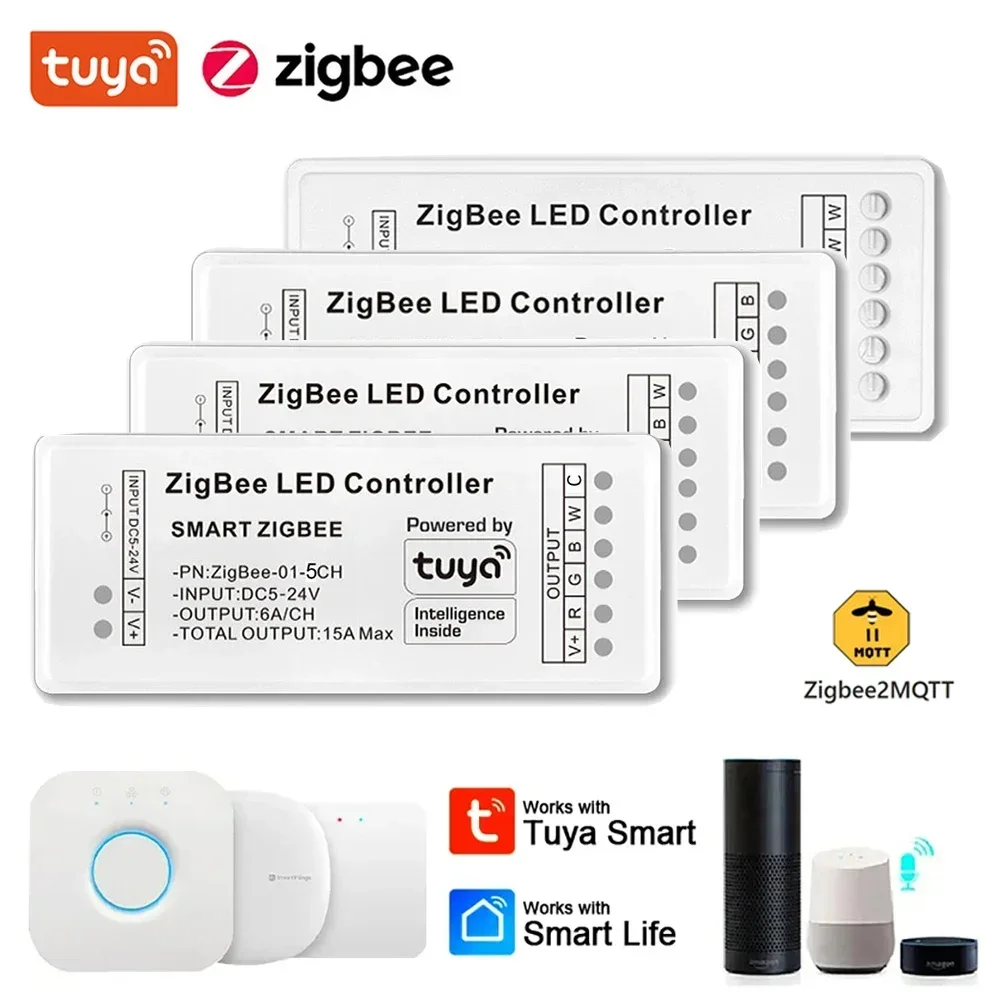 Controlador de tira de luces Led Tuya Zigbee para cinta LED RGBW RGB + CCT de un solo Color Control por aplicación de voz DC5V-24V Control de tira de luces LED