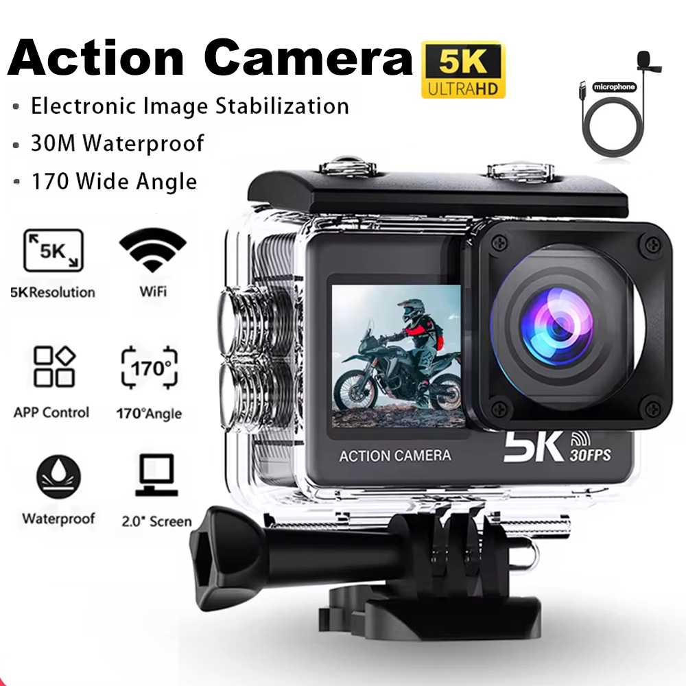 กล้องถ่ายภาพ 5K 4K60FPS EIS Wi-Fi Dual หน้าจอ 170D หน้าจอสัมผัส 2.0 นิ้ว 30M กล้องกีฬากันน้ําพร้อมรีโมทคอนโทรล