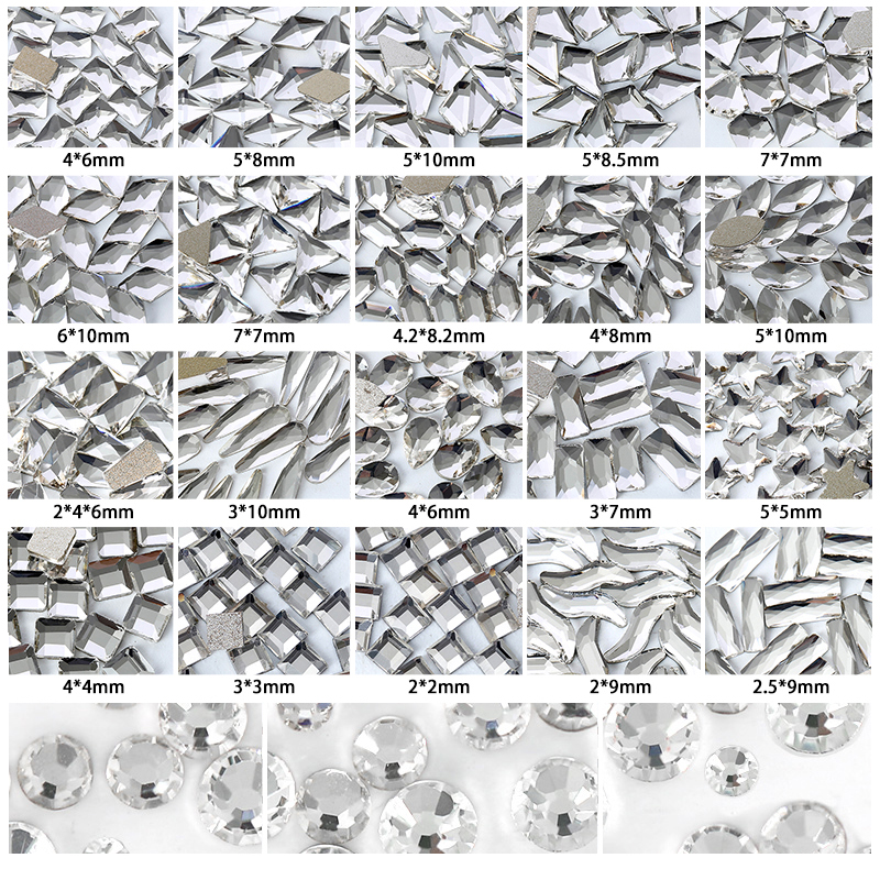 100 Stück Mix White Clear Series Nagel-Strasssteine mit flacher Rückseite, Kristall-Diamant-Edelsteine, 3D-Glitzer-Nagelkunst-Dekorationen