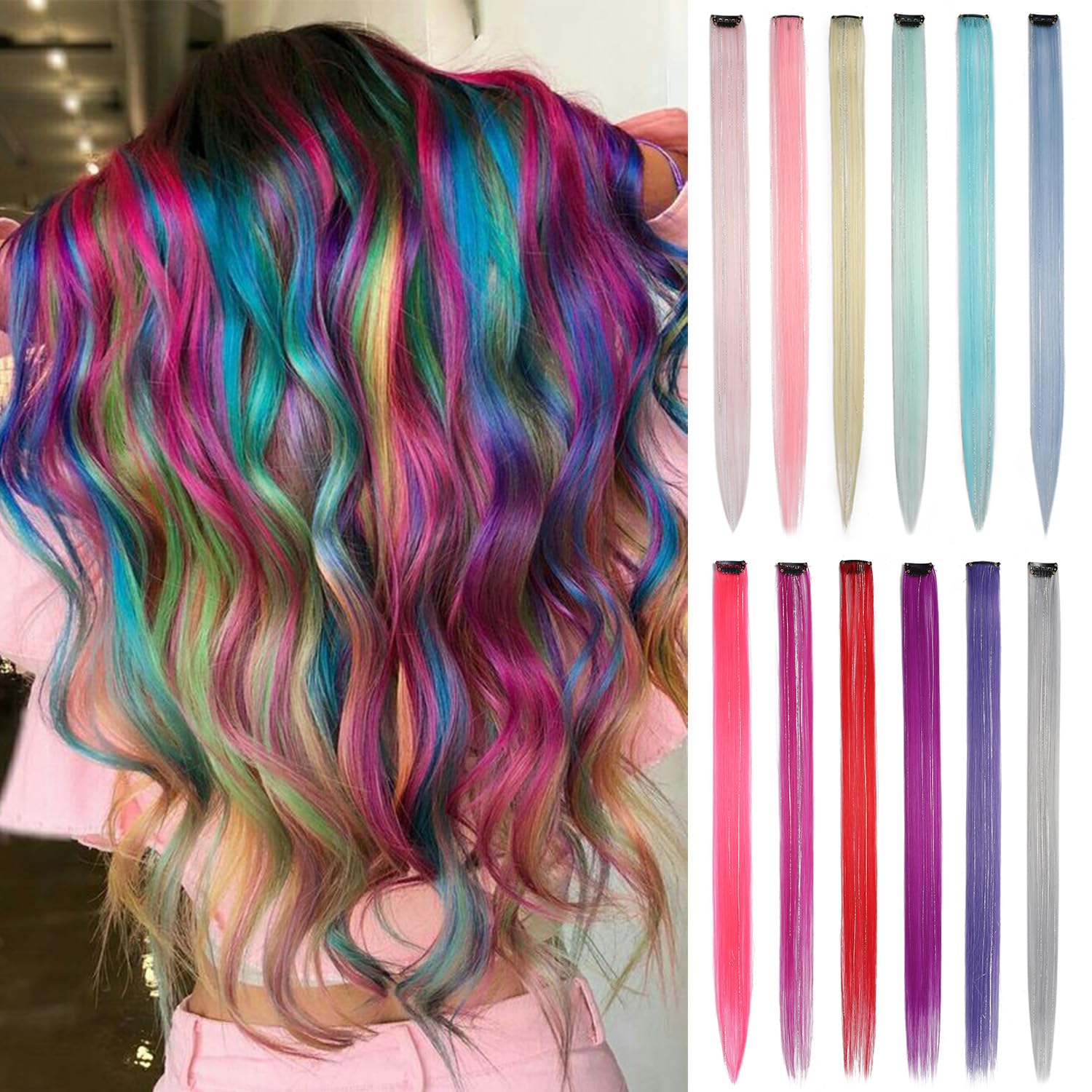 SAHWILE 6 ชิ้น/แพ็ค คลิปต่อผมสีสันสดใสสำหรับงานปาร์ตี้ 22 นิ้ว ผมตรงหลากสี วิกผมสังเคราะห์