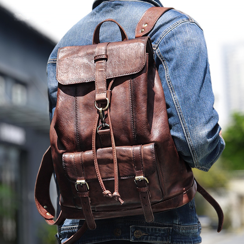 Sac à dos vintage en cuir véritable pour homme, première couche, cuir de vachette rétro, grande capacité, sac pour ordinateur portable 14-15.6 pouces, sac à dos pour ordinateur de voyage