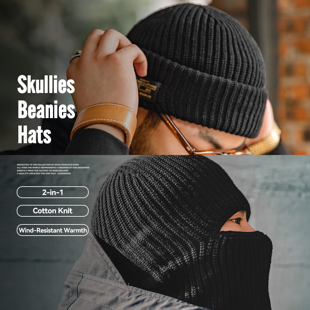 Bonnets d'hiver pour hommes Maden, bonnets en tricot noir en coton mélangé, écharpes, masques de balaclava, gorras, bonnet épais et chaud, fait à la main