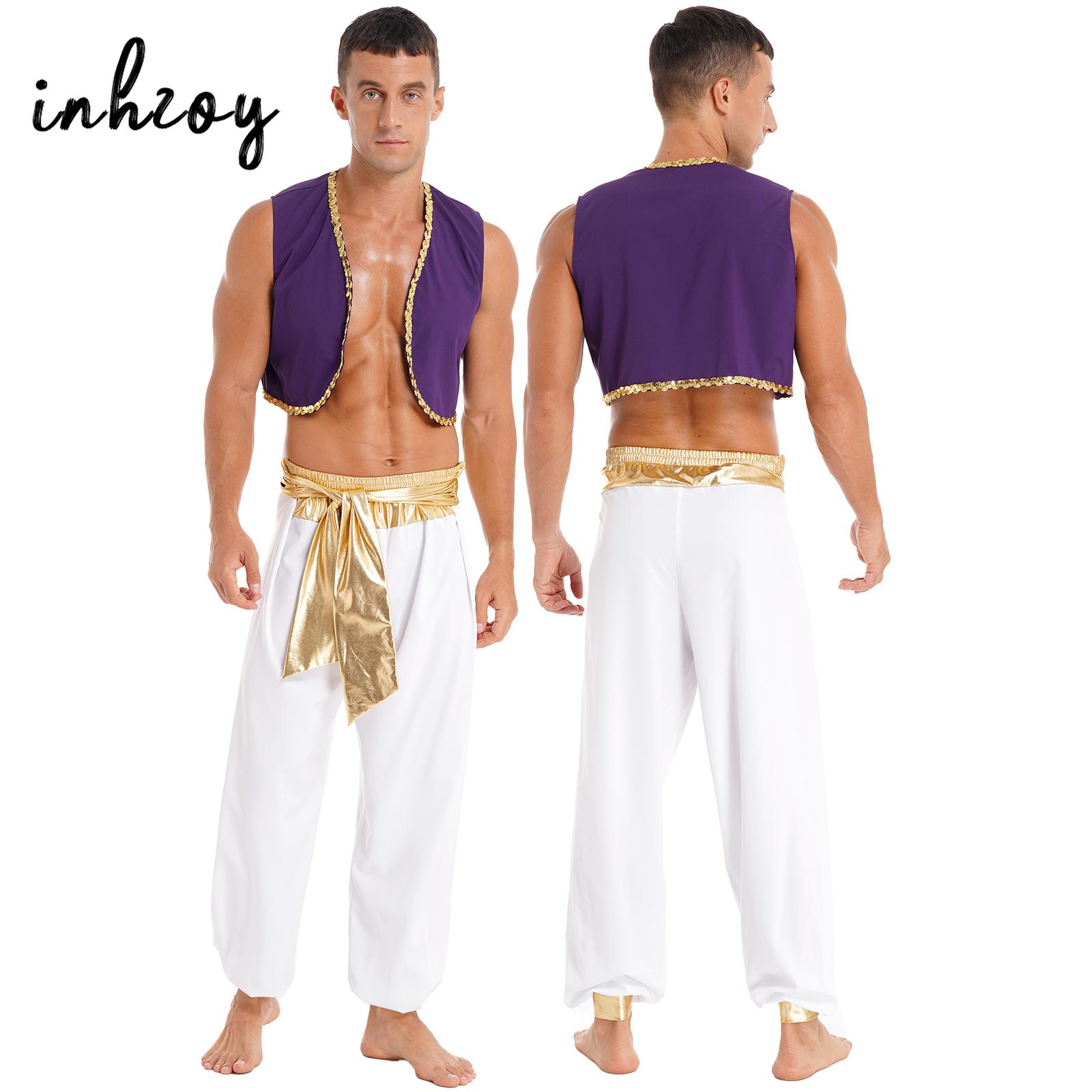 Mens Halloween Arabian Prince Costume Mythical Aladins Party Cosplay Fancy Dress Outfit Sequin Trim Waistcoat with Belted Pants
