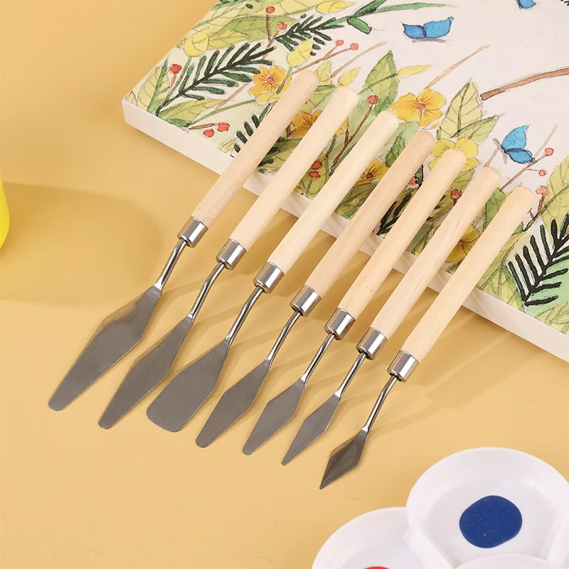 Raspador de pintura al óleo de acero inoxidable, juego de paleta de pintura artística de punta plana, cabezal de cuchillo para mezclar pintura con textura de madera