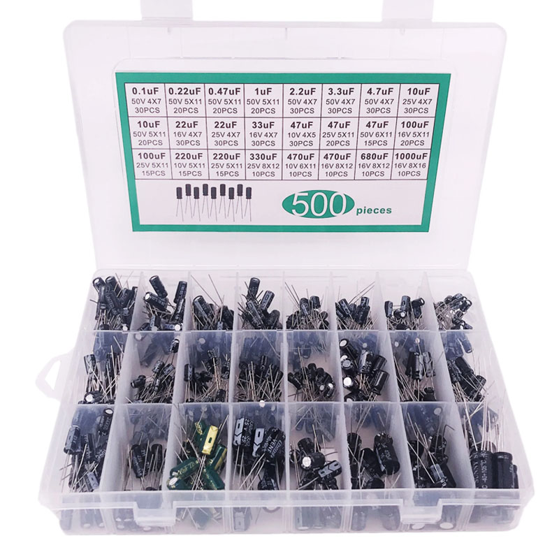 500 Uds condensador electrolítico condensadores electrolíticos DIP mezclados 10V 16V 25V 50V Kit electrónico 0,1 uF-1000 uf 24 valores elektronika