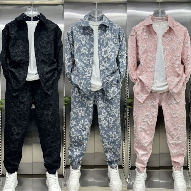 Neue 3D Relief Jacquard Hemd Jacke Zwei-stück Hosen Set Trendy Marke High-end-Casual Sport Anzug