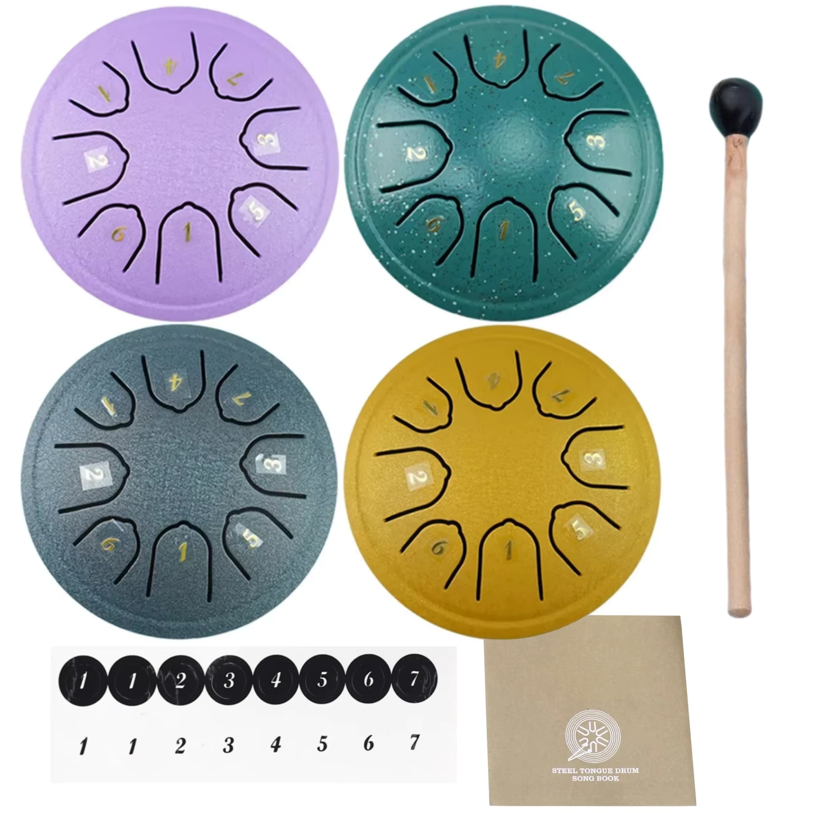 Miwayer 4,5-calowy stalowy bęben z językiem |   Instrument do medytacji Zen z 8 tonami |   Młotki Pro + akcesoria do terapii dźwiękiem jogi