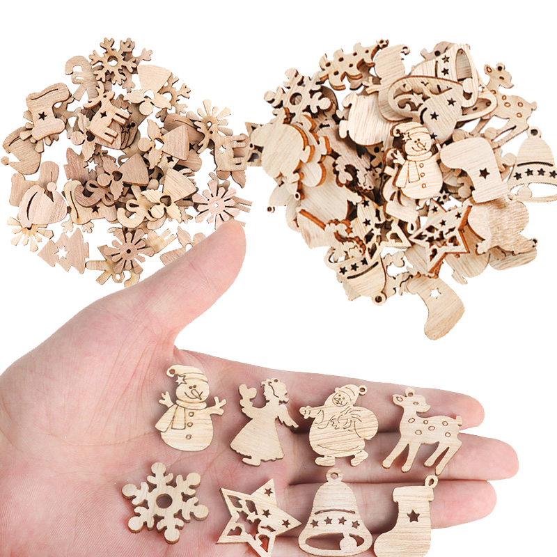 50 pçs natal chip de madeira natural papai noel floco de neve diy artesanato árvore de natal pendurado ornamento pingente navidad decorações para casa