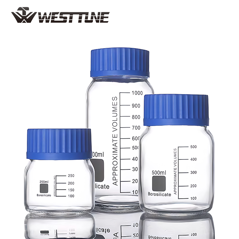WESTTUNE 250 ミリリットル/500 ミリリットル/1000 ミリリットル卒業ラウンドガラス試薬ボトル研究室透明密封ボトルブルースクリューキャップ GL80