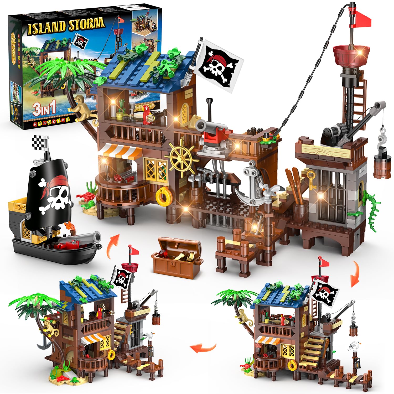 Hogokids Piraten schiff Kai Bau Spielzeug mit LED-mittelalter lichen Piraten haus Baustein Set, Architektur für Kinder 6 Geburtstags geschenk